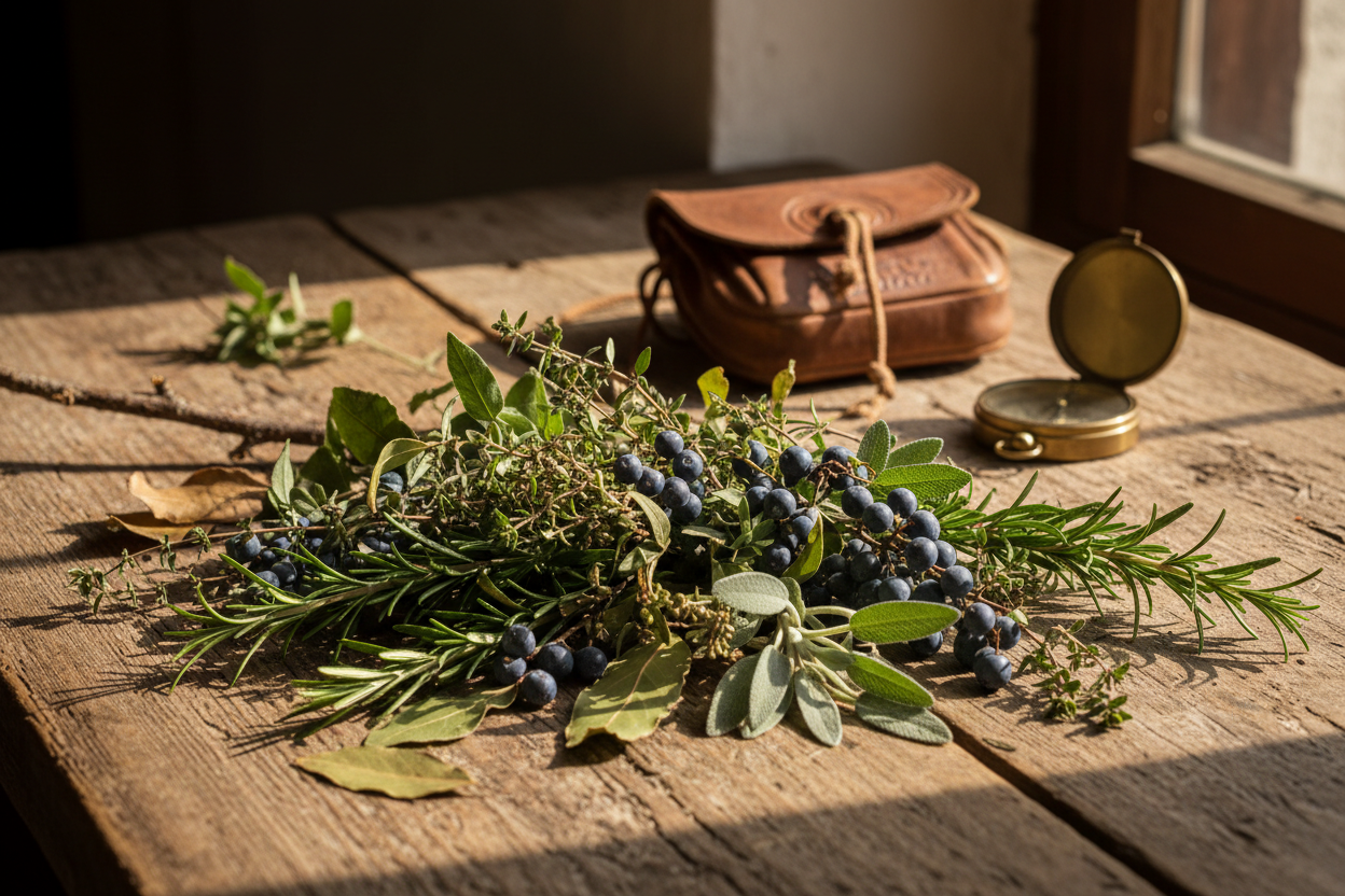 ho un liquore artigianale creato con "le erbe del cacciatore". fai una immagine di accompgnamento tipo di erbe o qualcosa del genere da cacciatore