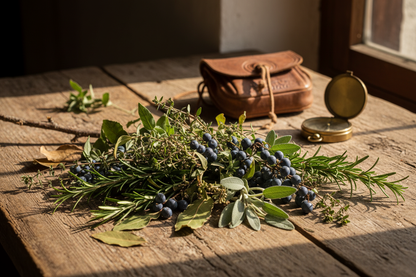 ho un liquore artigianale creato con "le erbe del cacciatore". fai una immagine di accompgnamento tipo di erbe o qualcosa del genere da cacciatore